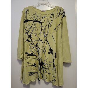 Jess & Jane Tunic Asymmetrical Artsy Pocket 3/4 Sleeve Large Green Black
